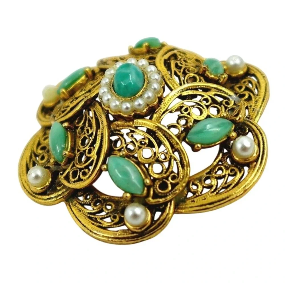 Vintage Gold Tone Dome Brooch Filigree Tiered Green Faux Pearl Victorian Revival